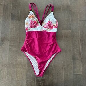 Cupshe Womens Romantic Floral‎ O-Ring Tummy Control Strappy One Piece Magenta M